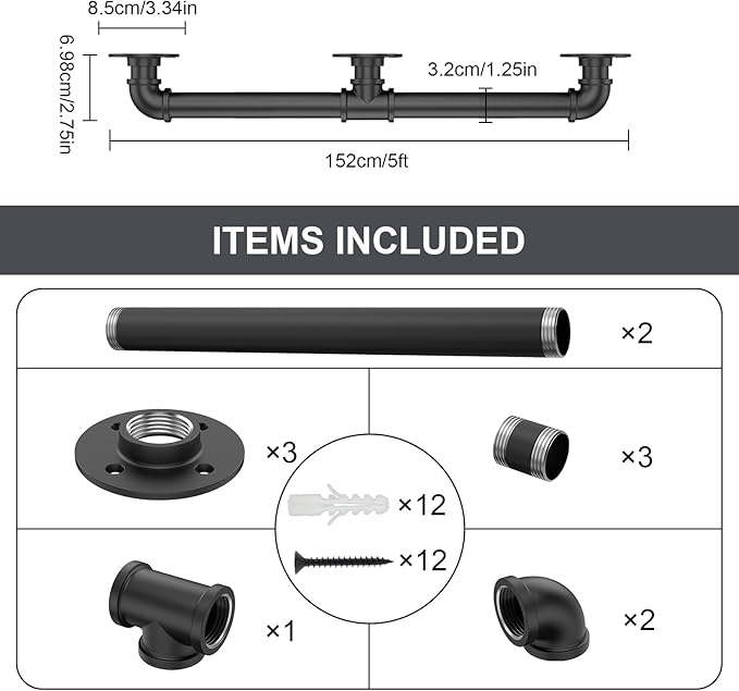 Willstar 5FT Industrial Staircase Handrail Non-Slip Pipe Bar Foot Rail Wall Mount Stair Rail Vintage Grab Bar for Steps Black Iron Pipe Handrail for Outdoor Indoor Stairs Loft Porch Hand Rail (5ft)