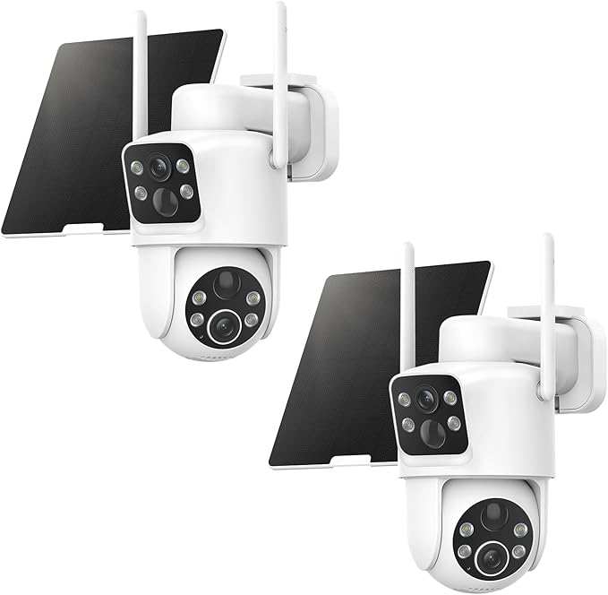 2 Pack Dual Lens Solar Security Cameras Wireless Outdoor, 2K Full HD Video, 360° View Pan/Tilt Home Security Camera with Color Night Vision, Easy to Install （2pack）