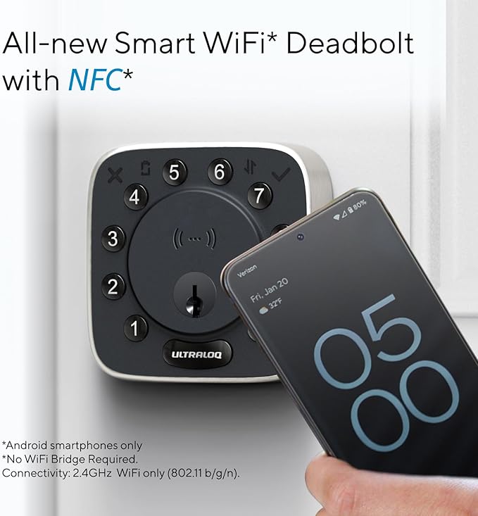 ULTRALOQ 2025 Upgrade Bolt NFC Smart Door Lock, Built-in WiFi Deadbolt 6-in-1 Keypad Keyless Entry Door Lock & Door Sensor,Auto Unlock,IP65 Waterproof,Easy Installation,BHMA Grade AAA