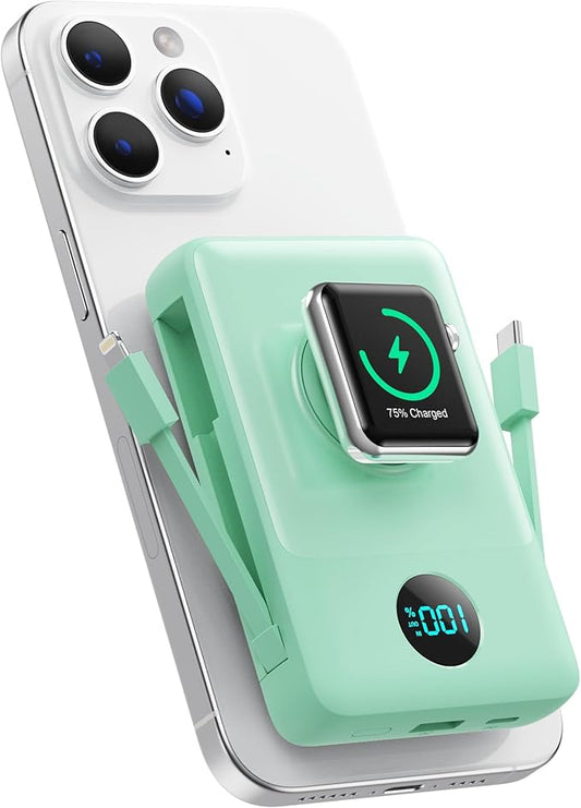 Magnetic Portable Charger 10800mAh for iPhone with Built-in Cables, 6-in-1 Wireless Power Bank with iWatch Charger, 25W PD Fast Charging USB C Battery Pack for iPhone 16/15/14/13/12,Apple Watch(Green)