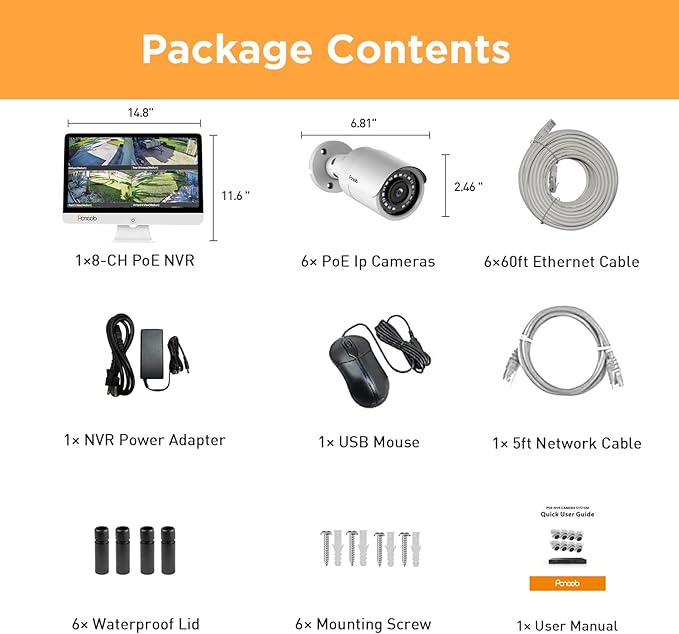 Security Camera System with Monitor, 8CH 8MP 4K NVR with 2TB HDD, 6X Bullet Wired 5MP PoE IP Camera with Mic IP67 for Home Outdoor, Night Vision, Smart AI Human Detection, PB37FM06-5M