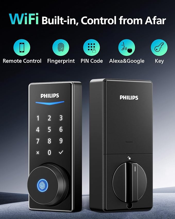 Philips Built-in WiFi Smart Lock, Keyless Entry Door Lock with App, Touchscreen, Indicator Light, Fingerprint Door Lock — Works with Alexa & Google, Splash-Proof Design, Includes 8 Batteries
