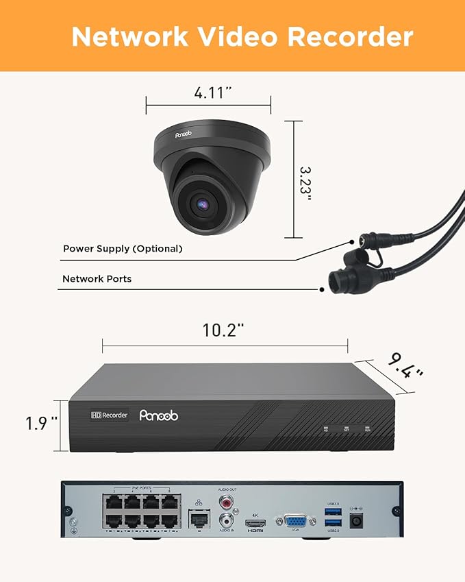 8 Channel Security Camera System PoE, 8X Wired IP Dome Turret PoE Camera for Indoor Outdoor, Remote Playback 24/7 Recording, Human Detection, Built-in Mic, 4K 8CH NVR 2TB HDD, PD93A30808-5M