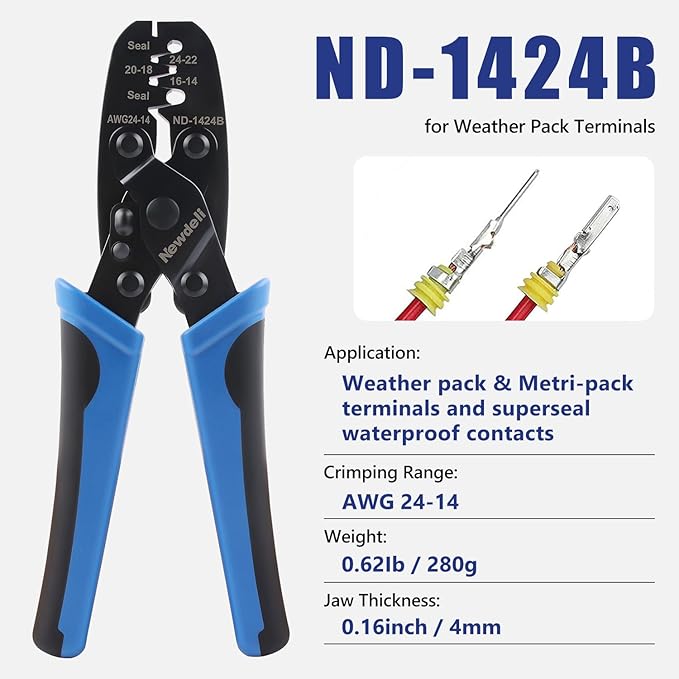 Newdeli Weather Pack Crimper AWG24-14 Open Barrel Crimping Tool Waterproof Sealed Connectors Crimping Tool for Delphi APTIV Packard Weather Pack Terminals or Metri-Pack 150, 280 Connectors