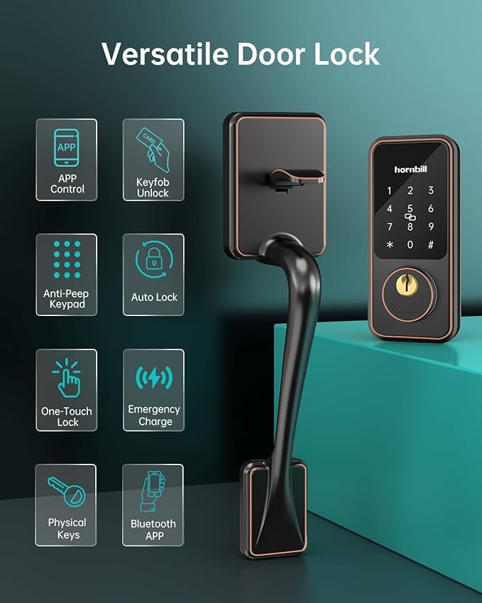 Front Door Lock Set Keyless Entry: Keyless Entry Smart Deadbolt with Handle Set, Hornbill Keypad Electronic Door Lock with Handles, APP/Bluetooth/Auto Lock/Keyfobs/Keys, Oil Rubbed Bronze
