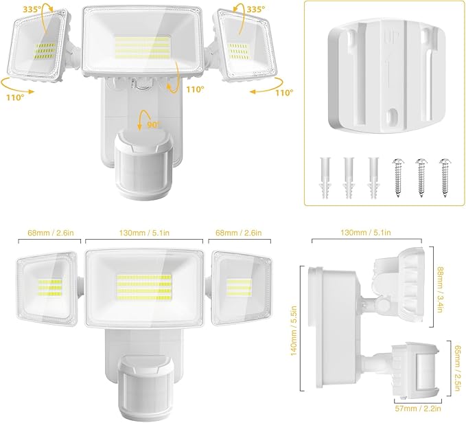 Onforu Battery Powered Motion Sensor Outdoor Lights, 2000LM 6500K Security Flood Lights, IP65 Waterproof Battery Operated Lights with Adjustable 3 Head Motion Detector LED Flood Light