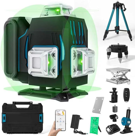 360 ° Laser Level with Tripod, 4D 16 Lines Green Laser Level for Construction, Self-Leveling Tool Equipped with Bluetooth APP and Remote Controller, Complete Kit with Accessories