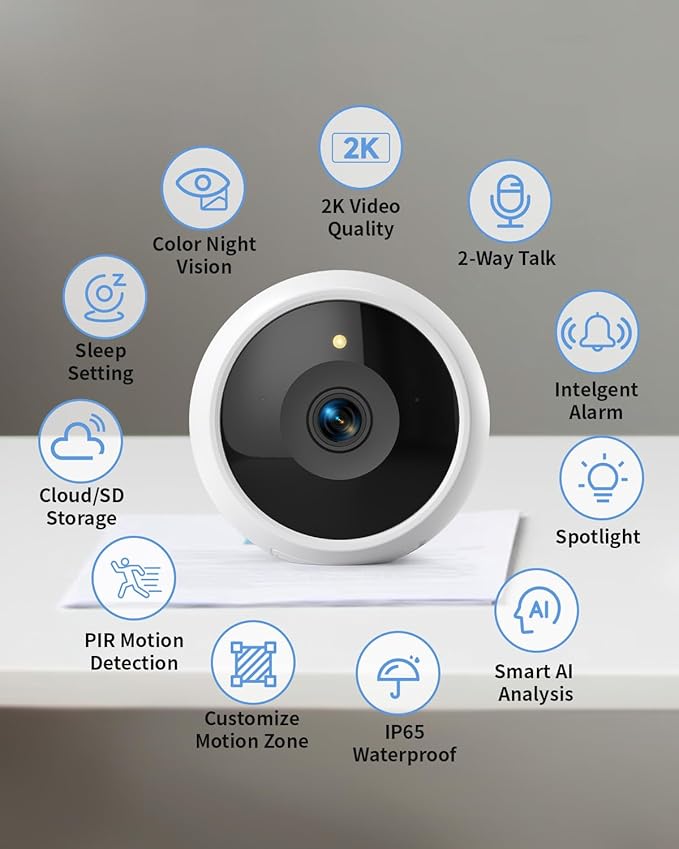 Security Cameras Wireless Outdoor,2K Battery Wireless WiFi Cameras for Home Security,AI Motion Detection,Local SD/Cloud Storage,Smart Home Cam (White 1 Pack)