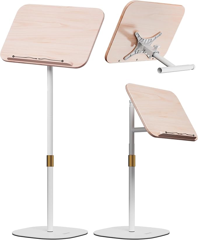 2 in 1 Dual-use Floor Book Stand & Desktop Book Stand,Height Adjustable from 33-63in, Adjustable Book Holder with Elastic Page Clips for Music Scores, Recipe, Tablet, Laptop(White)