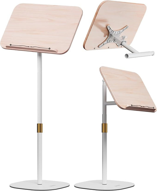 2 in 1 Dual-use Floor Book Stand & Desktop Book Stand,Height Adjustable from 33-63in, Adjustable Book Holder with Elastic Page Clips for Music Scores, Recipe, Tablet, Laptop(White)