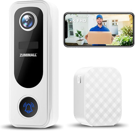 ZUMIMALL Doorbell Camera Wireless - 2K Video Doorbell Wireless with Chime, 2 Way Audio, Voice Changer, 30s Voice Message, Anti-Theft, AI Detection, Only 2.4GHz WiFi, Battery Powered, Work with Alexa