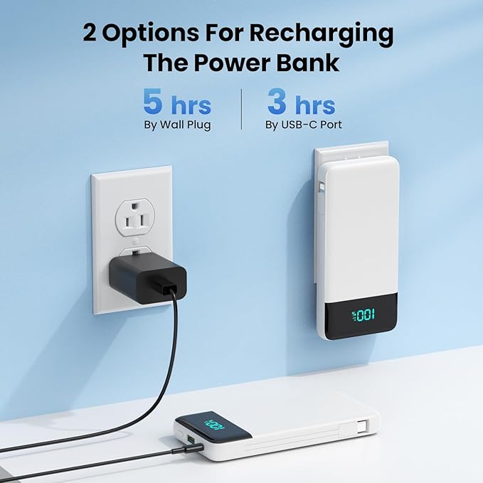 Portable Charger Power Bank with Built in Cables and Wall Plug,13800mAh Portable Battery Pack Fast Charging Compact LED Display Phone Charger Compatible with iPhone 16/15,Galaxy S23,Tablets etc