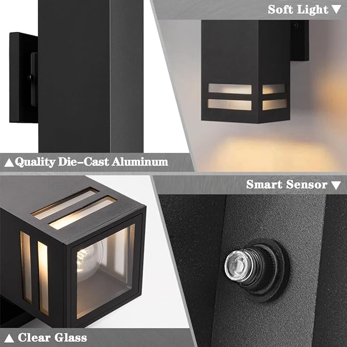 SHIMR Dusk to Dawn Outdoor Lighting 2 Pack, Modern Exterior Lighting Fixtures Wall Mount ETL Listed, Aluminum Anti-Rust Outdoor Sconce Up and Down Outside Lights for House Porch, LED Bulbs Include