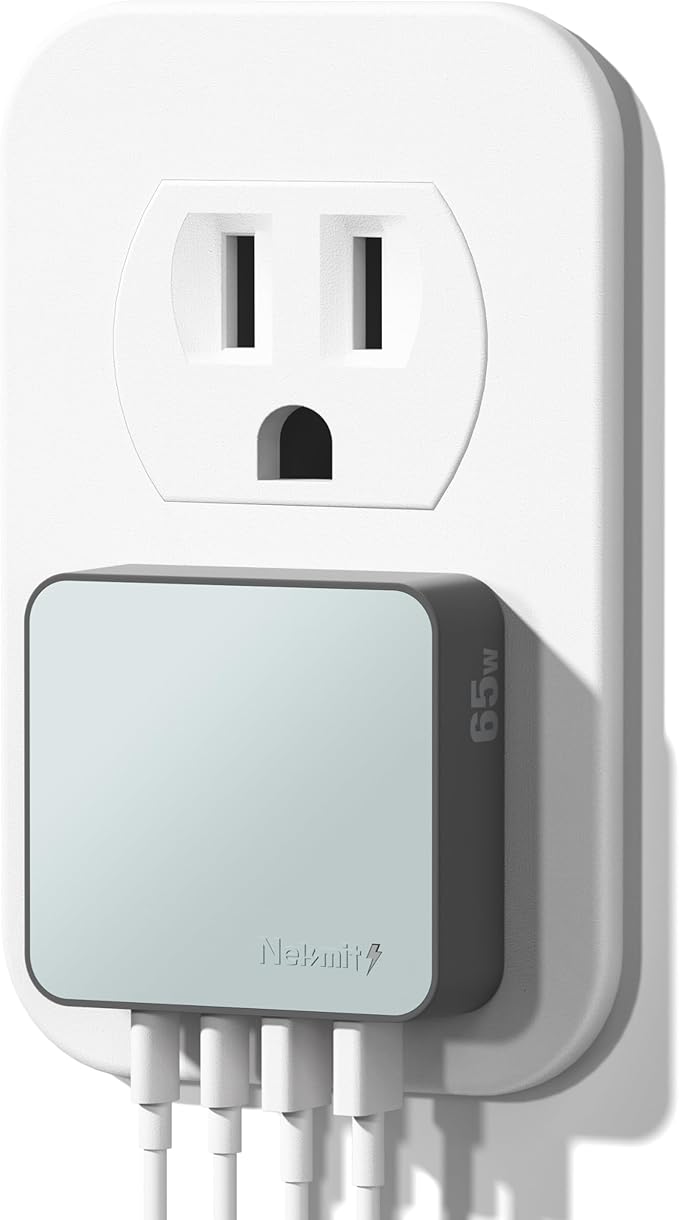 Nekmit 65W USB C Charger Block, 4 Port Flat Wall Charger with USB C and USB A, Multiport GaN Fast Charger for iPhone 16/15/14 Pro Max, iPad Pro, MacBook Pro/Air, AirPods, Galaxy and More, Blue