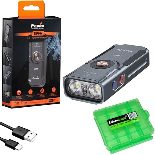 Fenix E06R 700 Lumen USB Rechargeable LED Keychain Flashlight/UV/Blacklight with EdisonBright Accessory case Bundle (Grey)