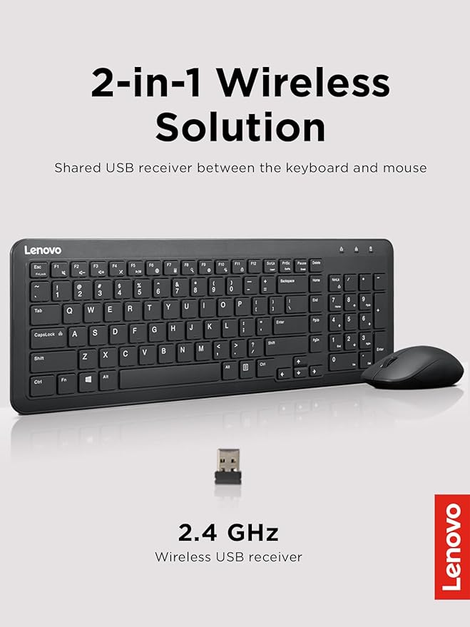 Lenovo 300 Wireless Combo Keyboard and Mouse, 2.4 GHz Nano USB-A Receiver, Batteries Included