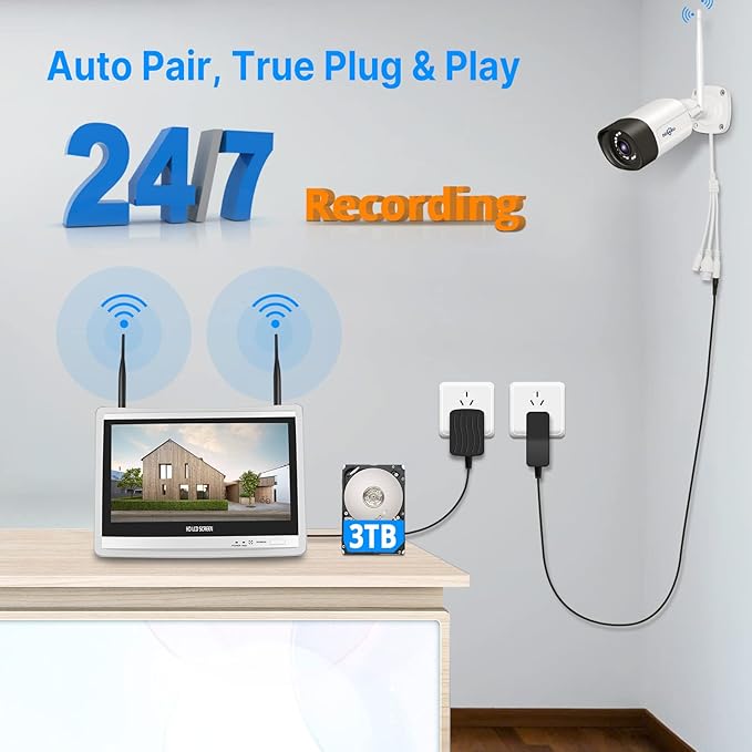 Hiseeu 5MP Wireless Pro Security Camera System with 12" LCD Monitor and 3T HDD Outdoor Use 24/7 Recording Motion Detection Color Night Vision 2 Way Audio Expandable 10CH 8MP NVR Plug and Play