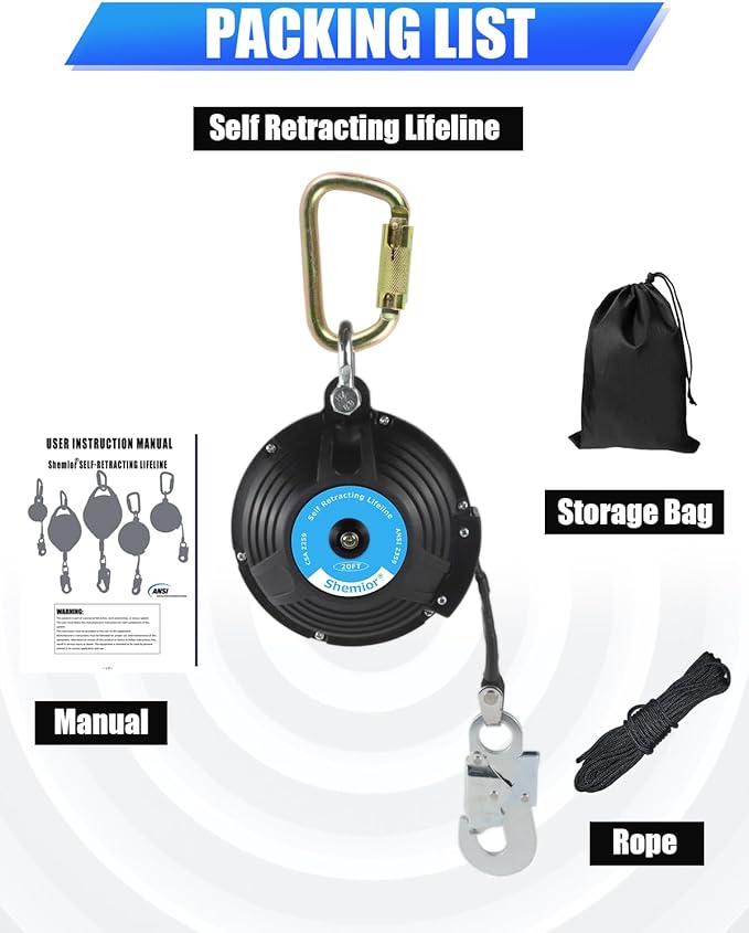 20FT Shemior Web Self Retracting Lifeline, No Tangle Lightweight Housing SRL, Self Retractable Safety Lanyard, Fall Arrest Protection PPE Gear for Roofing Construction, OSHA/ANSI Compliant