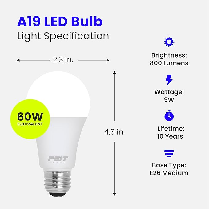 Feit Electric A19 LED Light Bulb, 60W Equivalent, Non Dimmable, 800 Lumens, E26 Medium Base, 3000k Bright White, CRI 90, 10 Year Lifetime, UL Listed, Damp Rated, 10 Pack, OM60/930CA10K/10