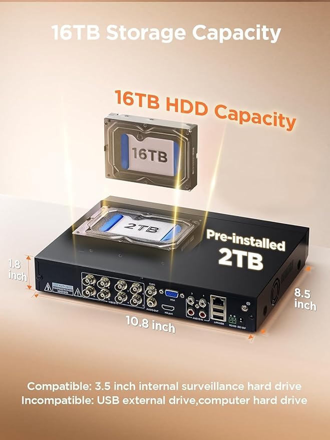 TIGERSECU Ultra HD 5MP 8 + 8 Channel Security DVR/NVR with 4TB Hard Drive, Expandable to 16 Cameras, Hybrid 6-in-1 Home Surveillance Recorder for 8 TVI, AHD, CVI, Analog, RS485 PTZ and 8 IP Cameras