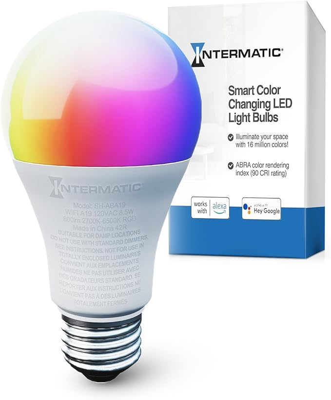 Intermatic ABRA A19 Wi-Fi Smart Bulb, 800 Lumens - Voice Controlled RGB LED, Compatible with Alexa & Google Home - Timers & Schedules, 2.4 GHz Wi-Fi Only, No Hub Required (1 Pack)