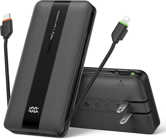 Portable Charger with Foldable AC Wall Plug, Fast Charging 10500mAh 22.5W Power Bank with Built-in Cables, 4 Outputs 3 Inputs LED Display Slim Battery Pack Compatible with iPhone/Android (Black)