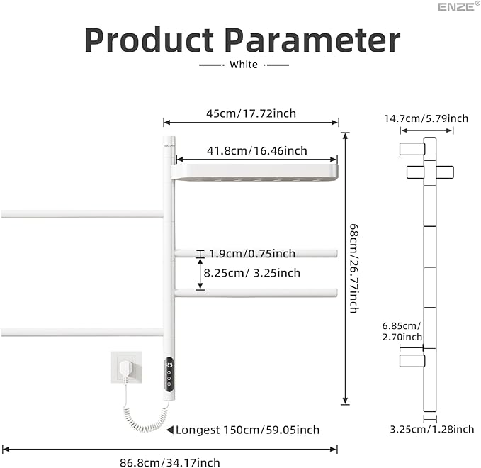 ENZE Smart Rotating Heated Towel Rack for Bathroom, Wall-Mounted Electric Towel Dryer with Swivel Bars & Shelf, Smart Timer, Low Carbon Steel, Plug-in/Hardwired, Towel Warmer with Wi-Fi App Control