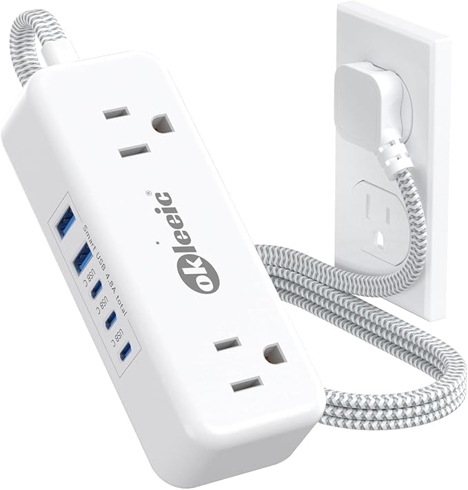 Power Strip with USB C, Flat Plug Extension Cord 3ft, 4 Outlets & 2 USB-A and 3 USB-C Ports 4.8A/24W Charging Station, 2 Sides Outlet Extender Compact for Tablet Laptop Computer Multiple Device