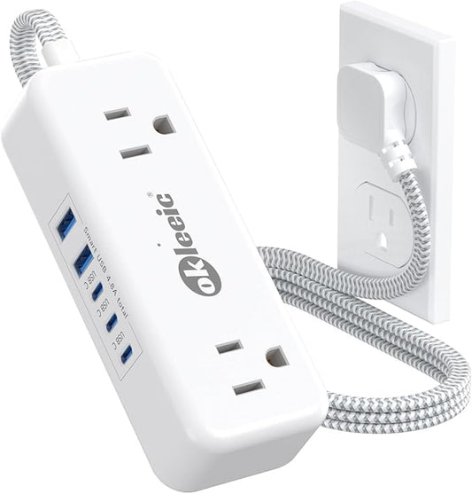 Power Strip with USB C, Flat Plug Extension Cord 3ft, 4 Outlets & 2 USB-A and 3 USB-C Ports 4.8A/24W Charging Station, 2 Sides Outlet Extender Compact for Tablet Laptop Computer Multiple Device