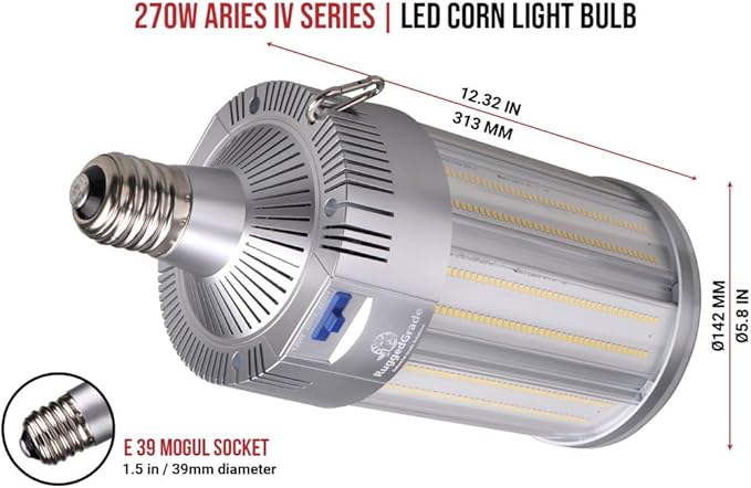 RuggedGrade Aries IV 270W LED Corn Bulb | 39,150 Lumens | 5000K | 277-480V | E39 Mogul Base | High Lumen Industrial Retrofit Light | DLC 5.1 Premium