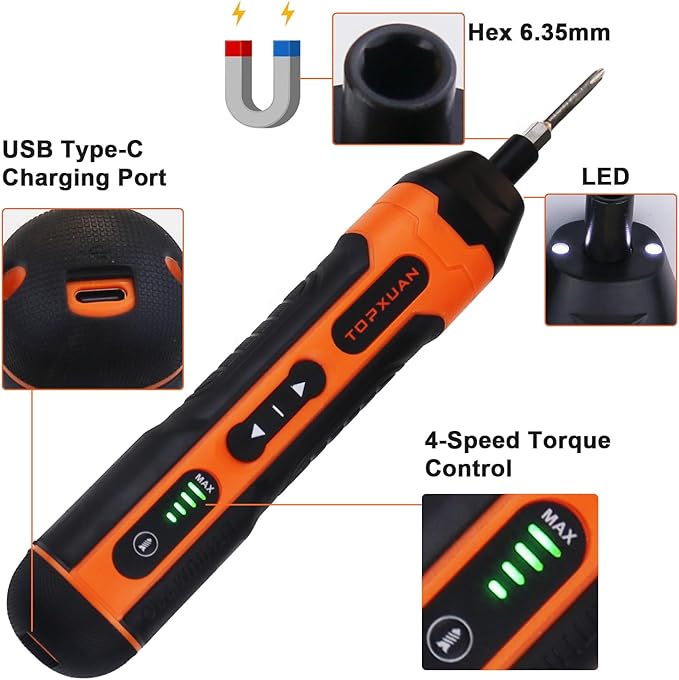 Power Screwdriver,Electric Small Drill,with LED Lights&USB Charging Battery,Speed Adjustable,Electric&Manual,Includes USB Cable&29pcs Bits Set,1 Bit Extender,Carrying Case