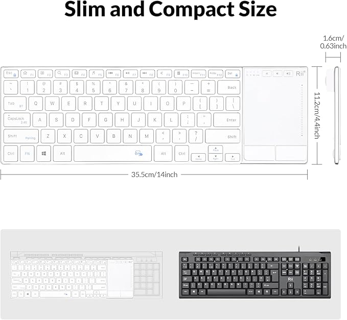 Rii K22S 2.4G Wireless and Bluetooth Touch TV Keyboard with Easy Media Control and Built-in Touchpad,Stainless Steel Compact Keyboard for Windows, Android, Chrome OS, Laptop, Tablet - White
