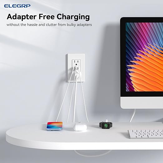 ELEGRP 30W 6.0 Amp 3-Port USB Wall Outlet, 15A Receptacle with Dual Type C & A Ports, Charger for iPhone/iPad/Samsung/LG/HTC/Android Devices, UL Listed, w/Wall Plate, 1 Pack, Matte White