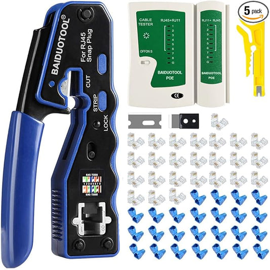 RJ45 Crimp Tool Kit Pass Through Crimper Cutter for Cat5 Cat5e Cat6 Cat6a 8P8C Modular Connector All-In-One Cat6 Crimping tool Etrhernet Crimper Tool and Tester(9V Battery Not Included)