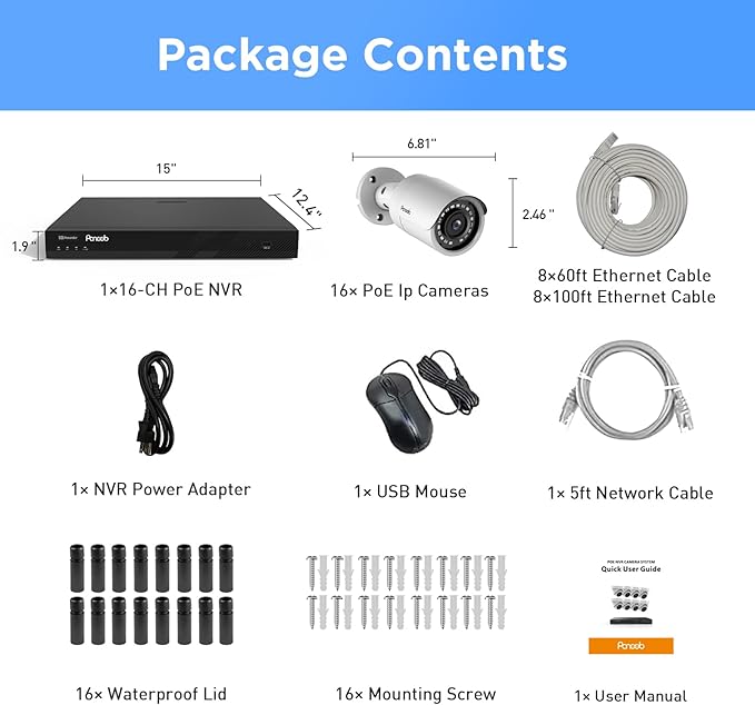 16 Channel Security Camera System 4K PoE, 4K 16CH NVR 4TB HDD, 16x 8MP Wired Outdoor Surveillance IP PoE Cameras, AI Human Vehicle Detection, Remote Playback Built-in Mic, PB37F1616-8M