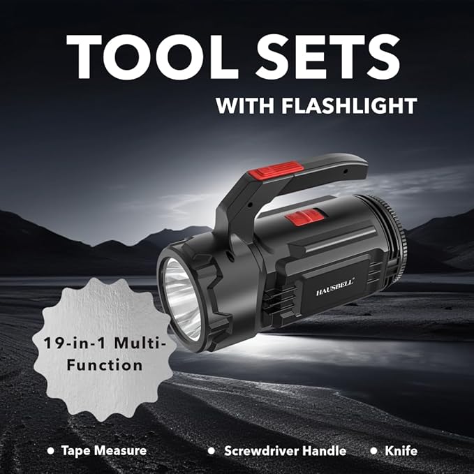 HAUSBELL 19-in-1 Multi-Function Tool Set –Tools Set with LED Flashlight,Home Tool Kit with Tape Measure, Knife, Screwdriver Handle, Powered by 3 AA Batteries, Hand Tool Kits for Home, Camping&DIY
