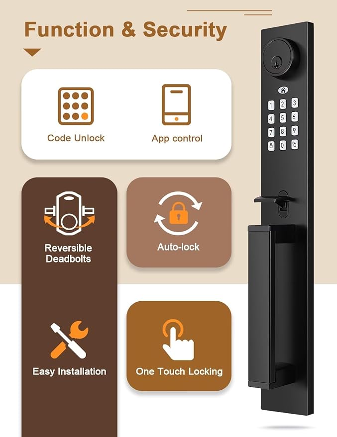 Keyless Entry Door Lock with Lever, Full Escutcheon Smart Door Handle, Digital Keypad Deadbolt with App, Front Door Handleset with Single Cylinder Deadbolt and Lever, Auto Locking, Black Finish