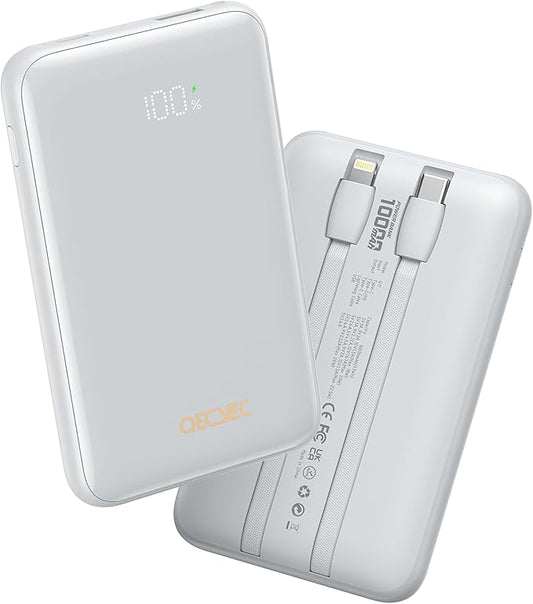 Portable Charger 10000mAh, Cell Phone Portable Power Banks with 22.5W PD Fast Charging, Compact Phone Charger Built in Cable, Compatible with Apple, Samsung, Google, Motorola and More-Grey