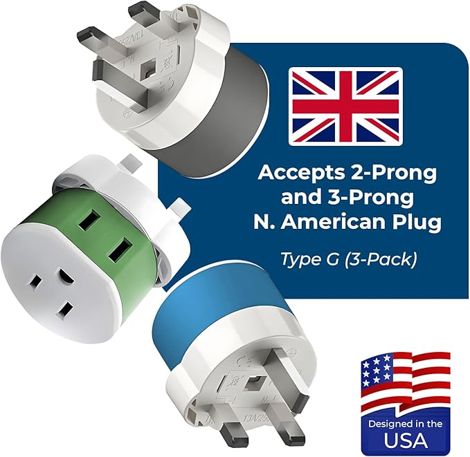 OREI UK, Ireland, Dubai Power Plug Adapter with 2 USA Inputs - Travel 3 Pack - Type G (US-7) Fuse Protected - Use with Cell Phones, Laptop, Camera Chargers, CPAP, and More