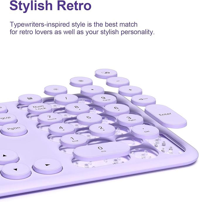 Cute Keyboard and Mouse Wireless for PC Computer/Laptop/Windows/Mac/Tablets, Ultra-Thin 2.4GHz USB Cordless Full-Sized Silent Retro Computer Keyboard Mouse Combo (Purple)