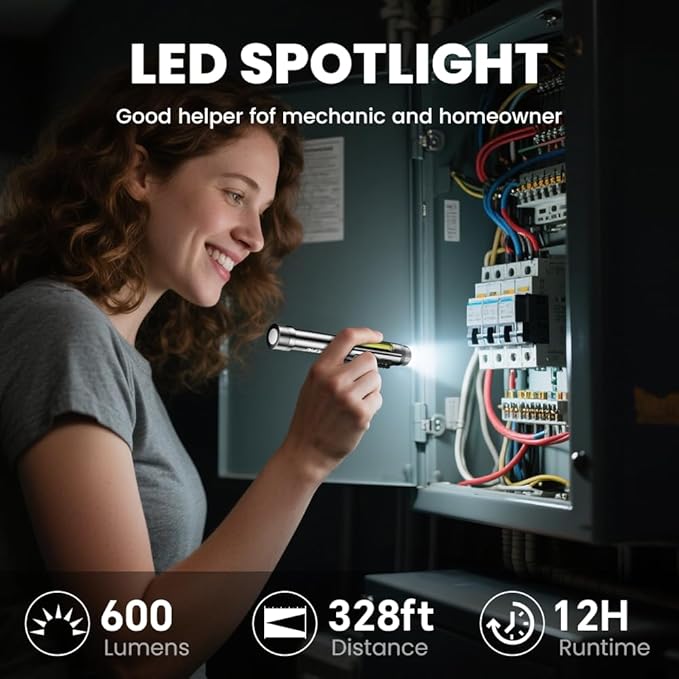 Magnetic Rechargeable Pen Light - 600 Lumen Dimmable EDC Flashlight, IPX4 Waterproof Work Light with Clip & COB LED for Mechanics, Nurses, Emergency(Grey)