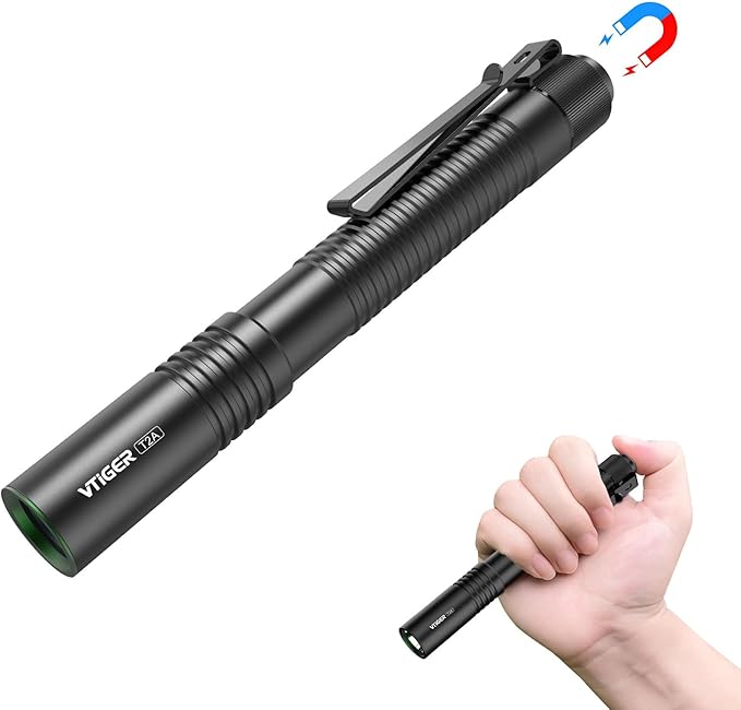VTIGER T2A Compact EDC Flashlight,1500 High Lumens AA Rechargeable LED Flashlight, Super Bright Small Tactical Tail Switch Pocket Pen Light with Magnet for Camping,Hiking,Outdoor,Home,Emergency
