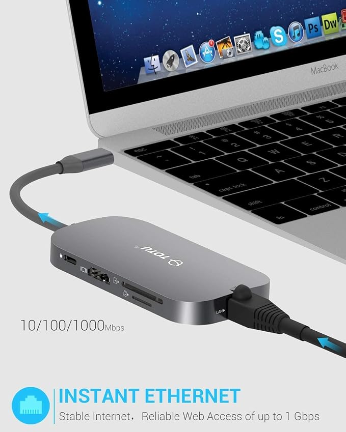 USB C Hub, 9-in-1 Type C Hub with Ethernet Port, 4K USB C to HDMI, 2 USB 3.0 Ports,1 USB 2.0 Port, USB-C Power Delivery, Portable for Mac Pro and Other Type C Laptops