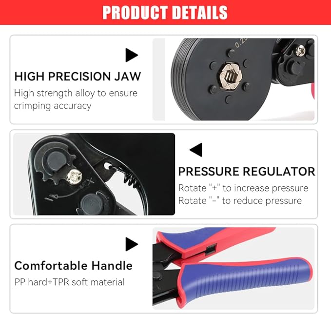 HKS Ferrule Crimping Tool AWG 23-7, Hexagonal Ratchet Self-Adjusting Crimper for End-Sleeve Terminals