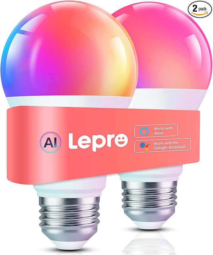 Lepro B1 AI Smart Light Bulbs - WiFi & Bluetooth RGBWW Color Changing LED Bulb Compatible with Alexa & Google Assistant, AI Generated Lighting LLM, AI Voice Control, Music Sync, 2.4GHz Only, 2 Pack