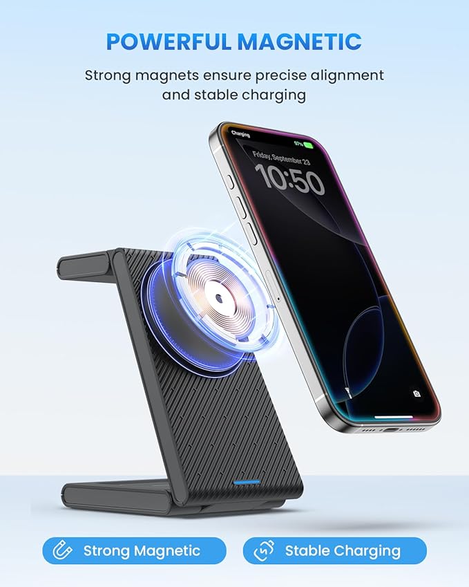 Wireless Charger Magnetic for Apple Devices - JoyGeek 3 in 1 Foldable Charging Station for Magsafe Compatible with iPhone 16 15 14 13 12 Pro Max Plus, Apple Watch 10 9 8 7 6 5 4 SE, AirPods 4/3/2/Pro