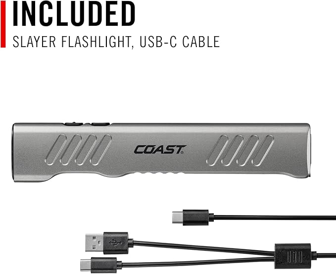 Coast Slayer 1150 Lumen USB-C Rechargeable LED Flashlight with Spot/Flood, Memory Mode and Pocket Clip, Silver