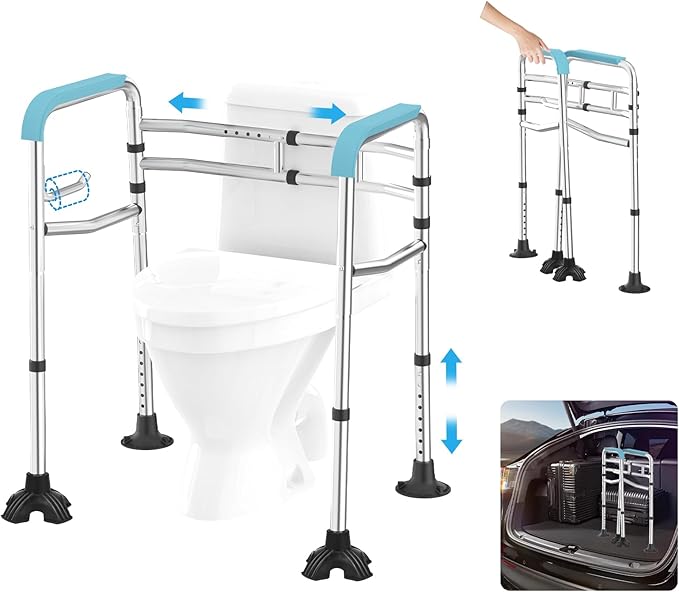 Upgraded Toilet Safety Rail, 380LB Stainless Steel Toilet Frame with Non-Slip Handles & Paper Holder, Adjustable Detachable Handicap Toilet Rails, Foldable Toilet Support Frame for Elderly