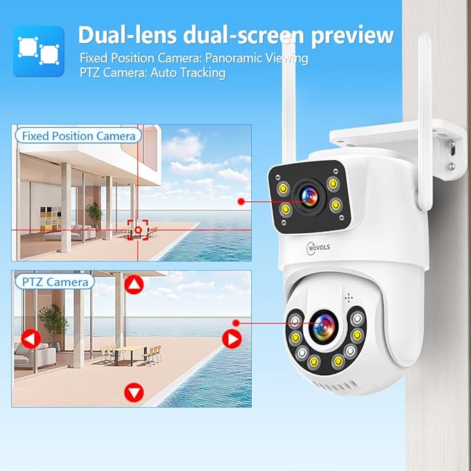 Dual Lens Linkage 8MP Pan/Tilt WiFi PTZ Security Camera Outdoor 2Pack, Auto Tracking, Human Detection, Light Alarm, Color Night Vision,Siren, Plug-in Cable,2.4G WiFi,SD Card Slot with TF64G Card