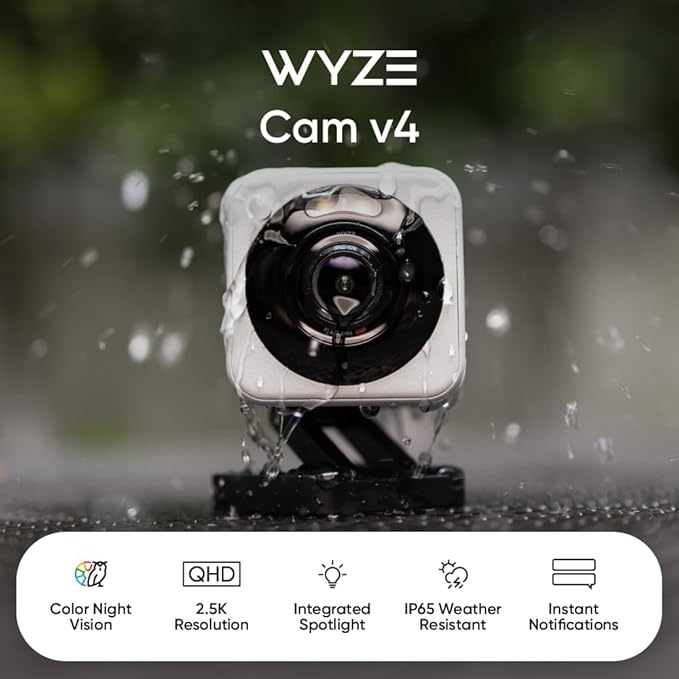 WYZE Cam v4, 2.5K QHD WiFi Indoor/Outdoor Smart Home Security Camera, Pet/Baby Monitor, Motion Activated Spotlight/Siren, Color Night Vision, 2-Way Audio, Works with Alexa & Google, Free Expert Help